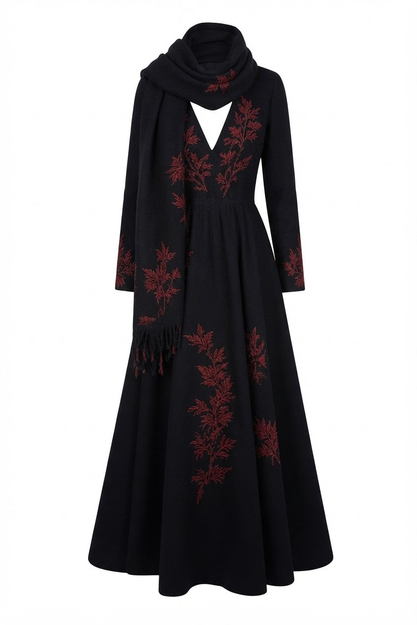 The Midnight Leaf Tapestry Gown and Scarf Ensemble by Shadow
