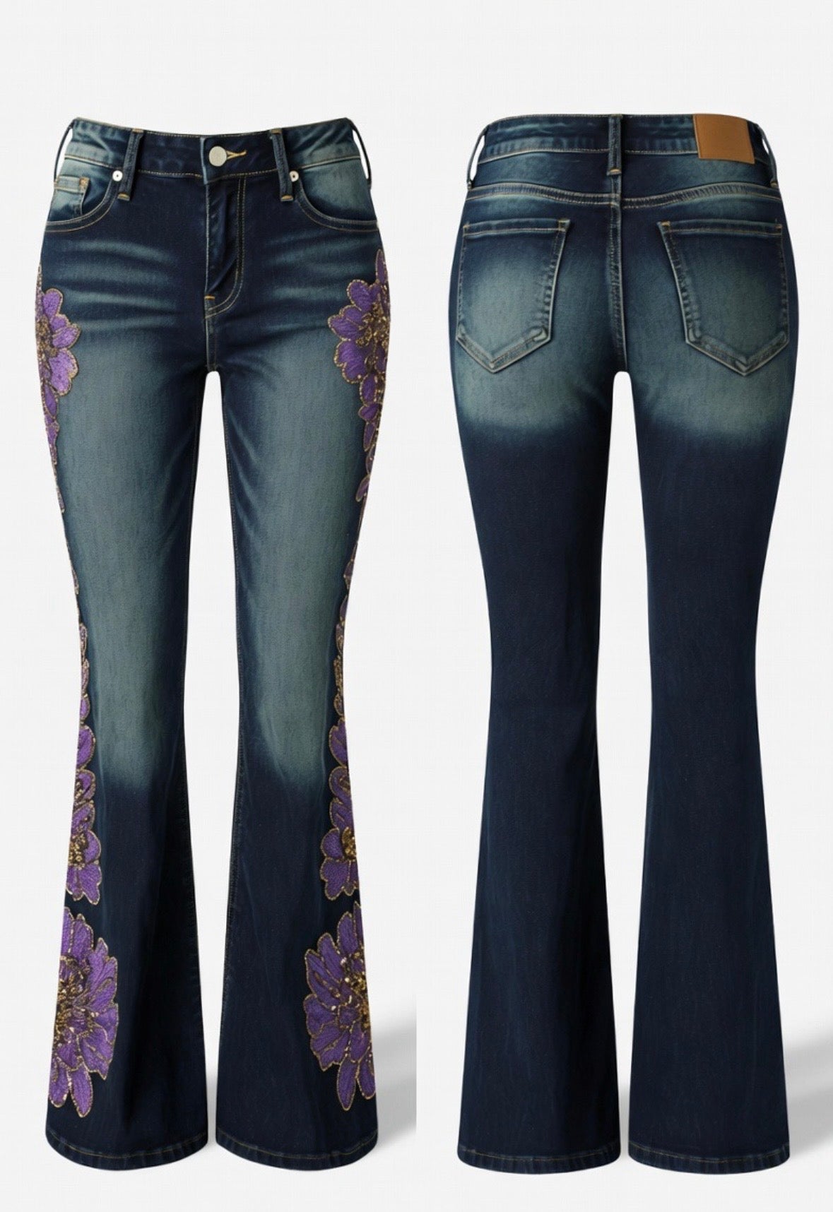 Glitter¿ Floral Embroidered Flare Jeans – Indigo Blue