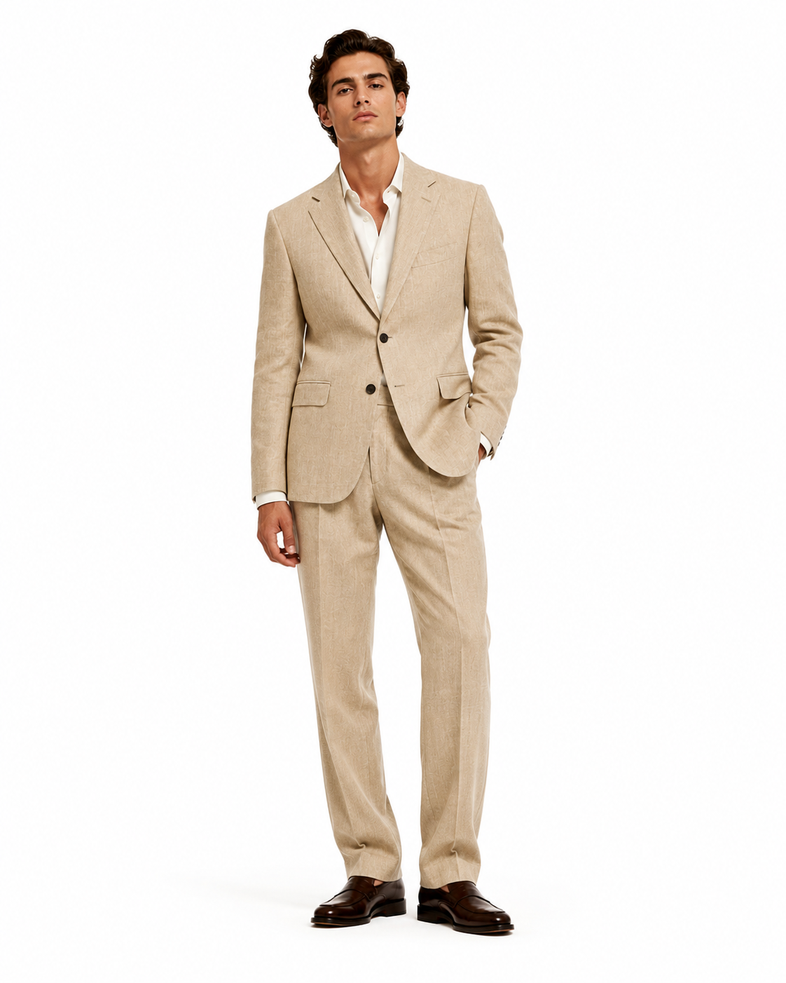 CASSANDRA TAILORED SUIT IN OATMEAL LINEN-SILK BLEND