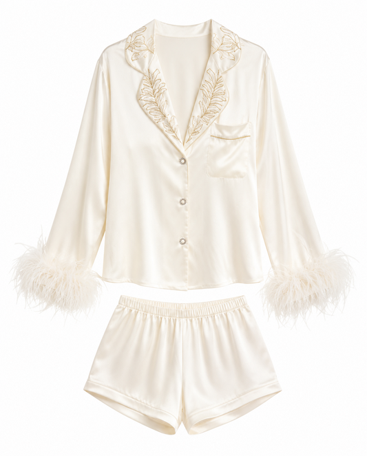 Ivory Feather Silk Pajama Set
