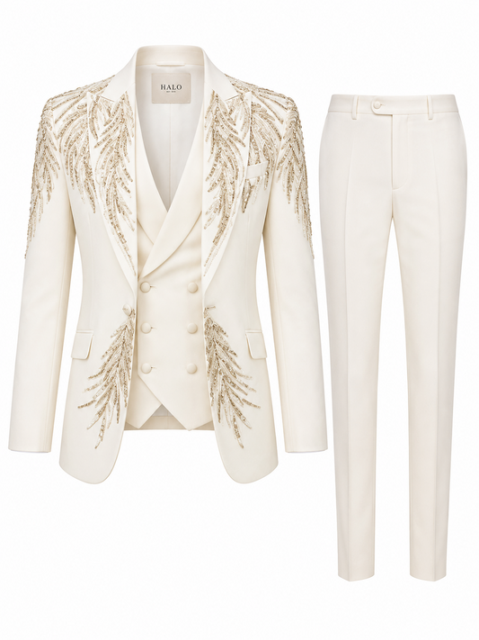 Halo Ivory Sequin Palm Three-Piece Wedding Suit
