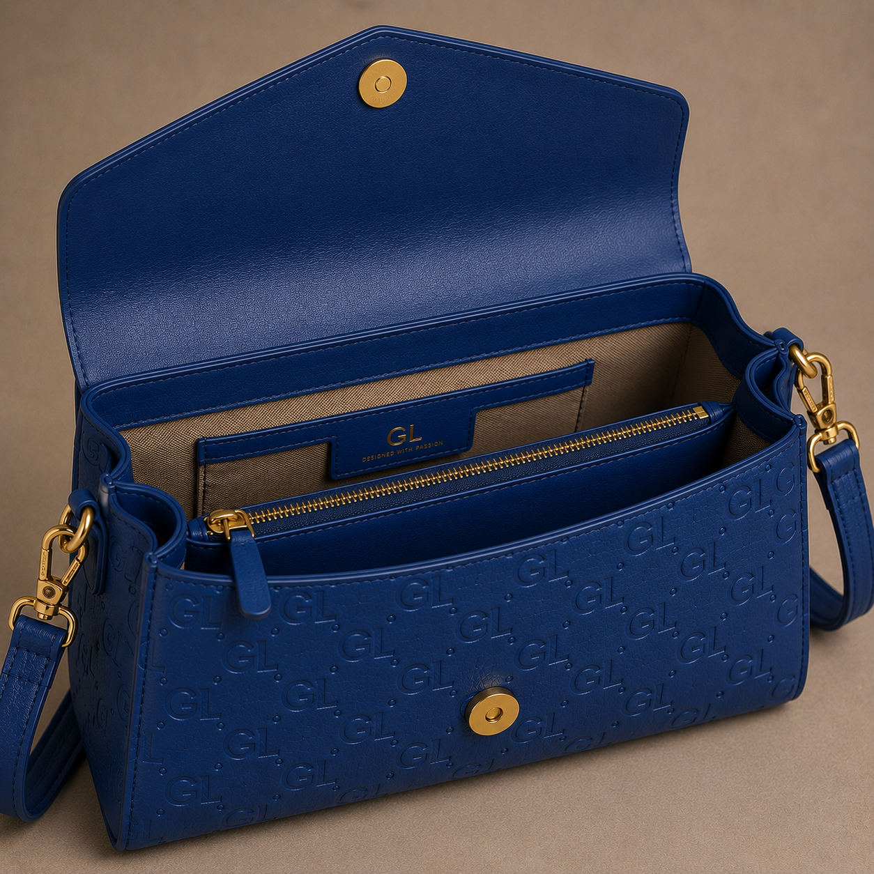 Gold Lion GL Lioness Blue Monogram Crossbody Bag
