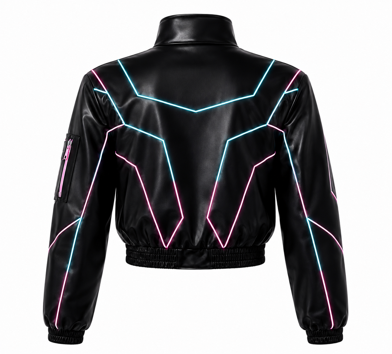 KINET Cyber-Glow Cropped Faux-Leather Bomber Jacket