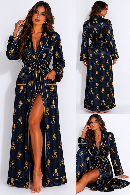Gold Lion Midnight Monogram Silk Robe