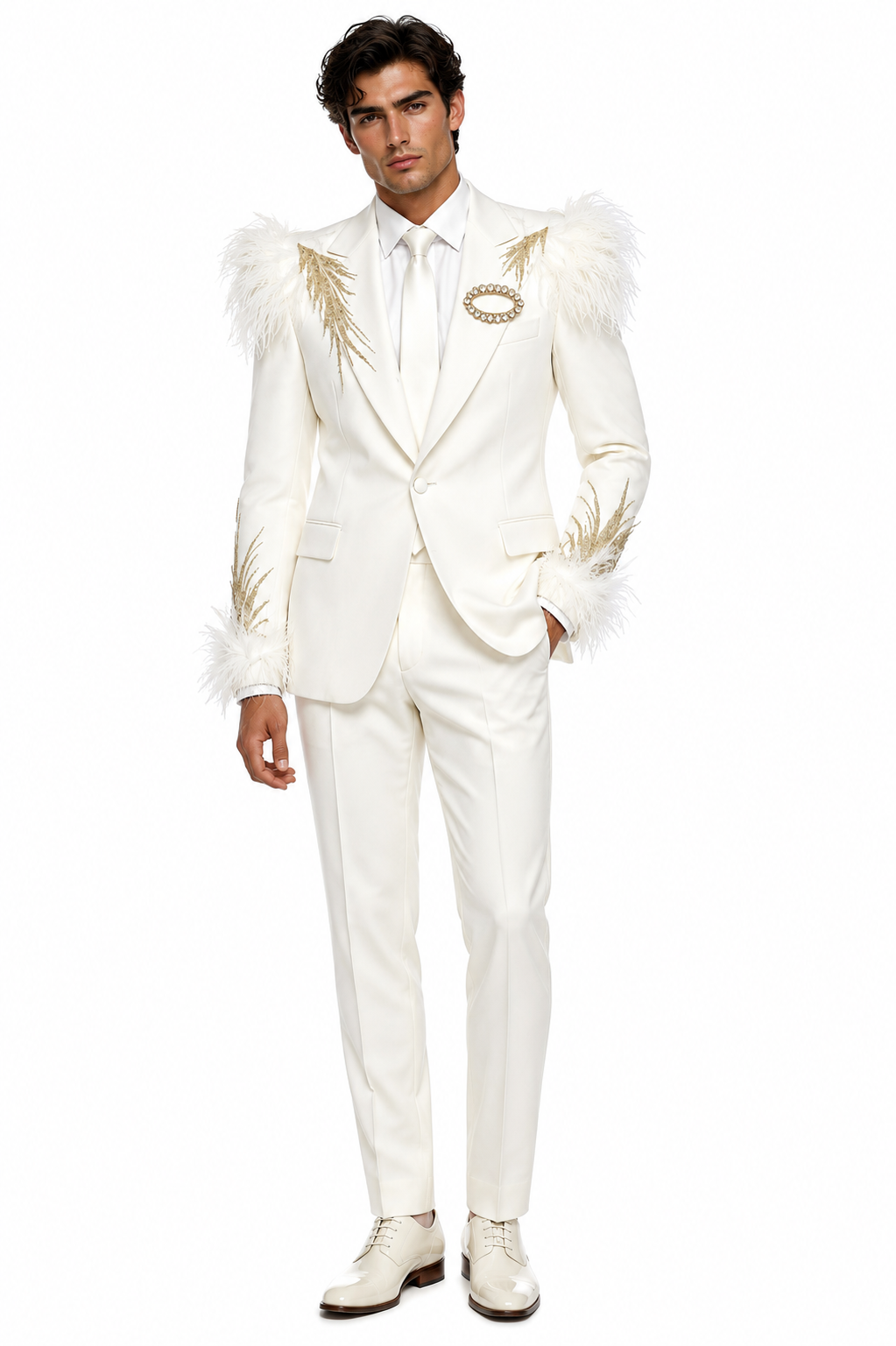 Halo White Feather & Gold Palm Wedding Suit