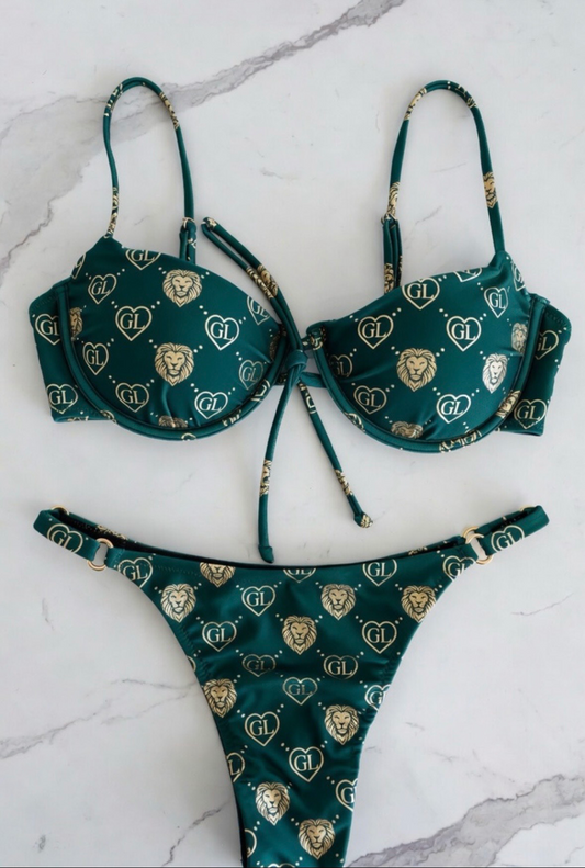 Gold Lion Emerald Monogram Bikini Set