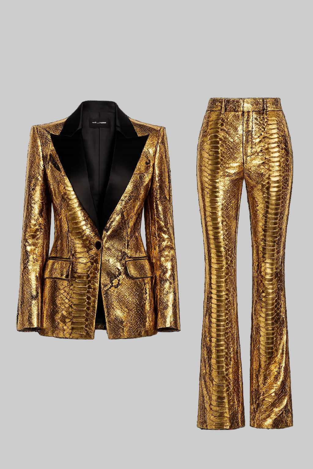 Cassandra Metallic Snake-Print Tuxedo and Pants (Gold)