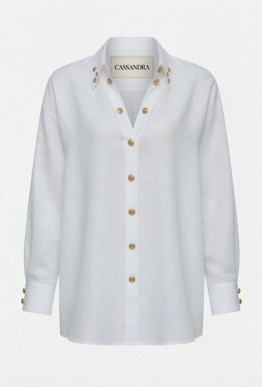 Oversized White Linen Shirt with Gold Hardware