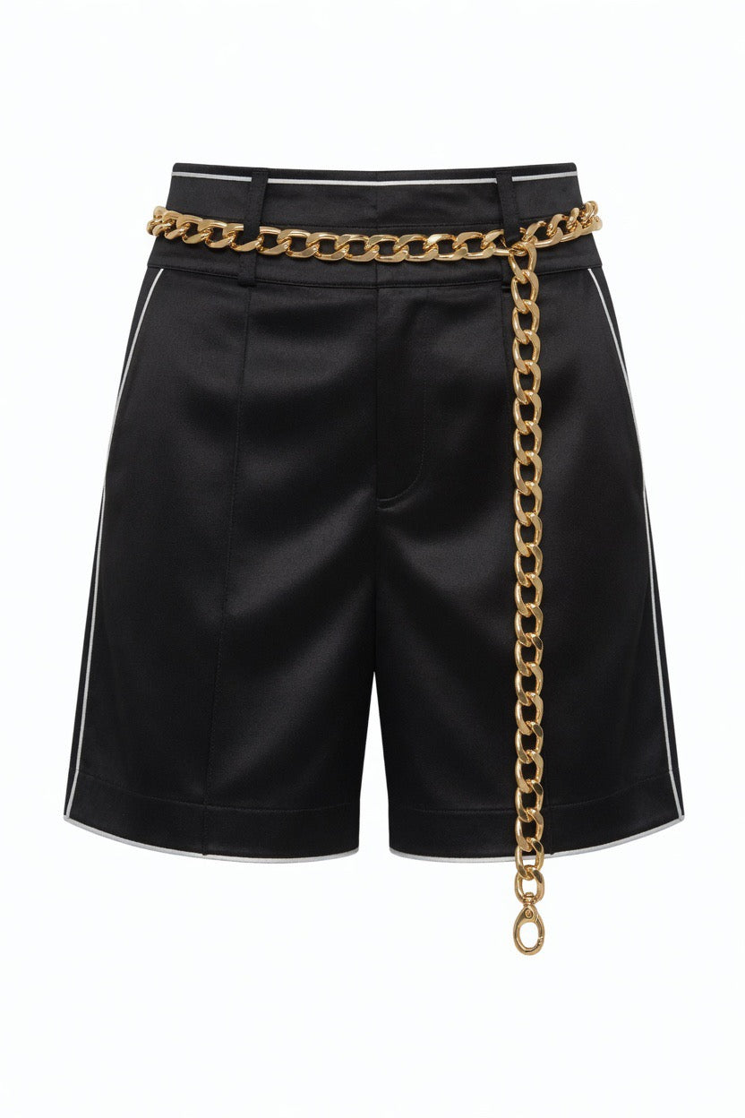 Black Satin Shorts with Signature Gold Chain