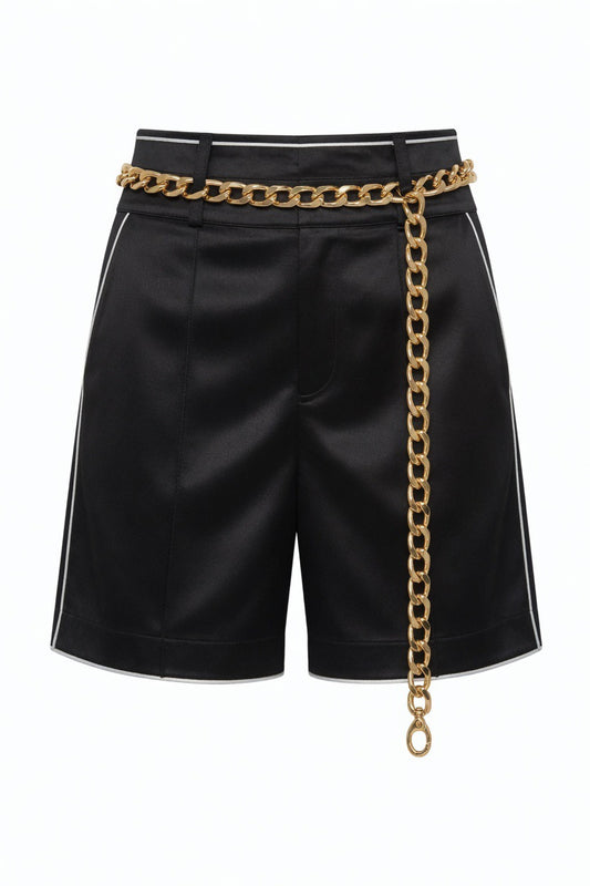 Black Satin Shorts with Signature Gold Chain