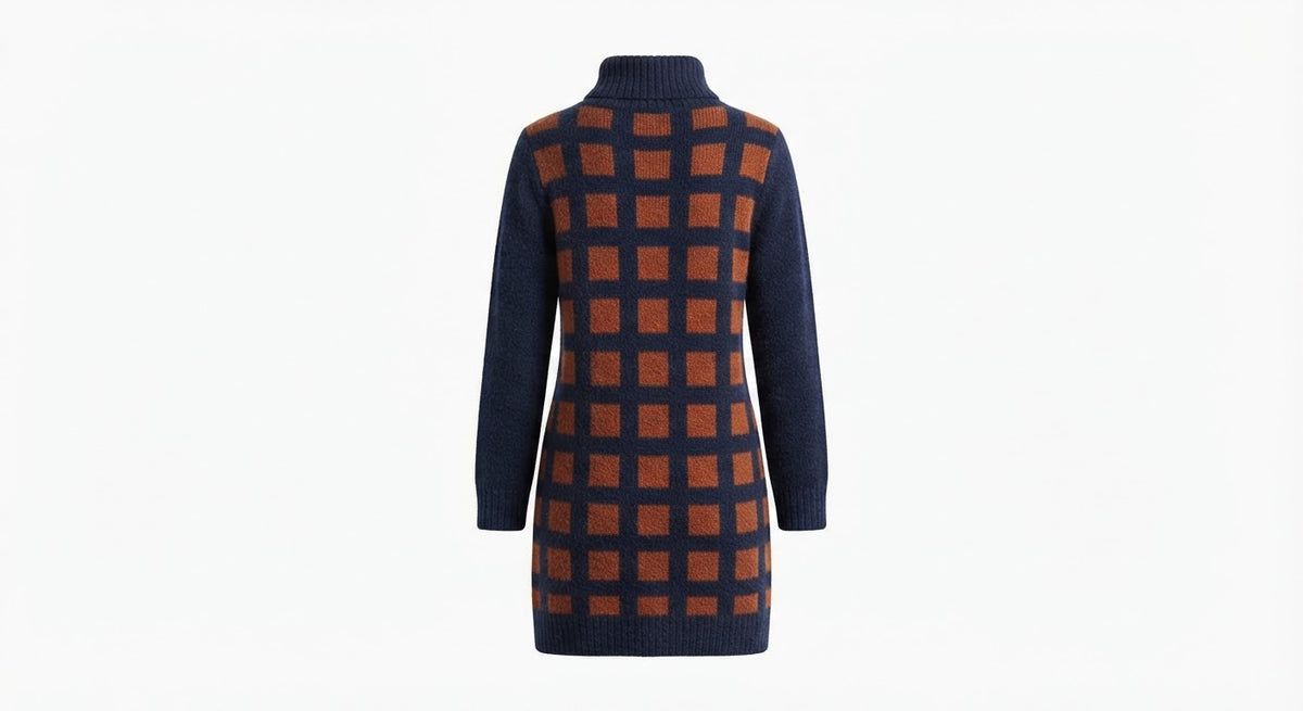 Shadow – Geometric Knit Turtleneck Mini Dress in Navy & Rust