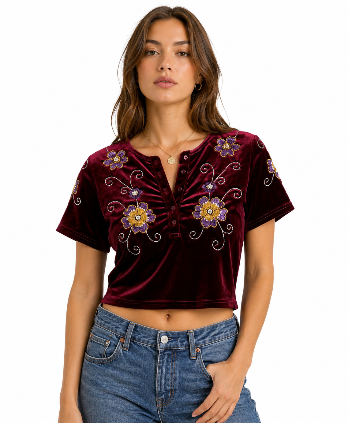 Glitter¿ Floral Embroidered Velvet Top – Burgundy