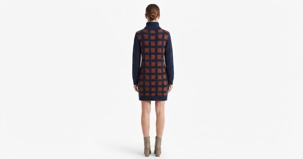 Shadow – Geometric Knit Turtleneck Mini Dress in Navy & Rust
