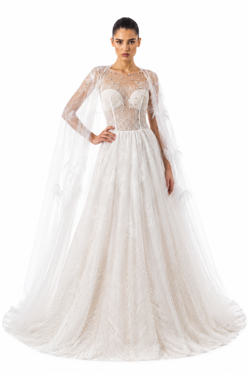 Ethereal Feather & Pearl Wedding Gown with Cape