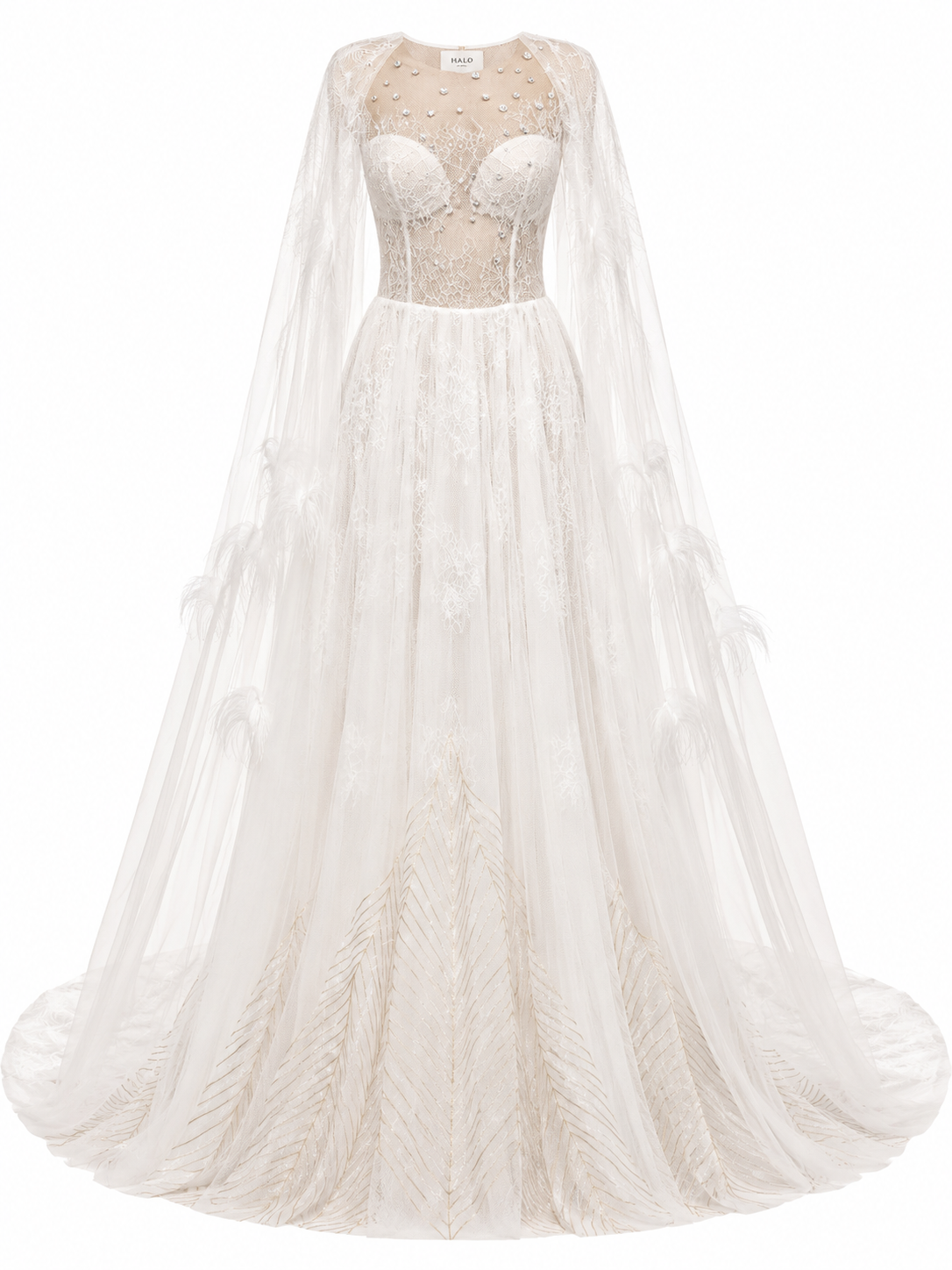 Ethereal Feather & Pearl Wedding Gown with Cape
