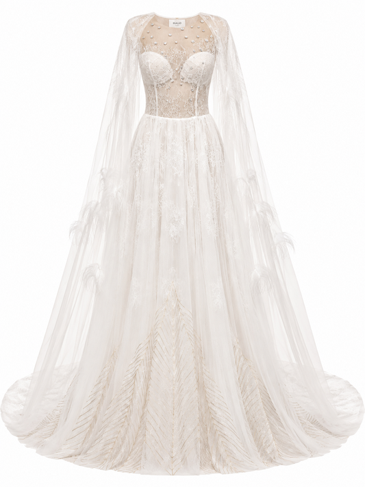 Ethereal Feather & Pearl Wedding Gown with Cape