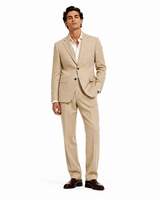CASSANDRA TAILORED SUIT IN OATMEAL LINEN-SILK BLEND