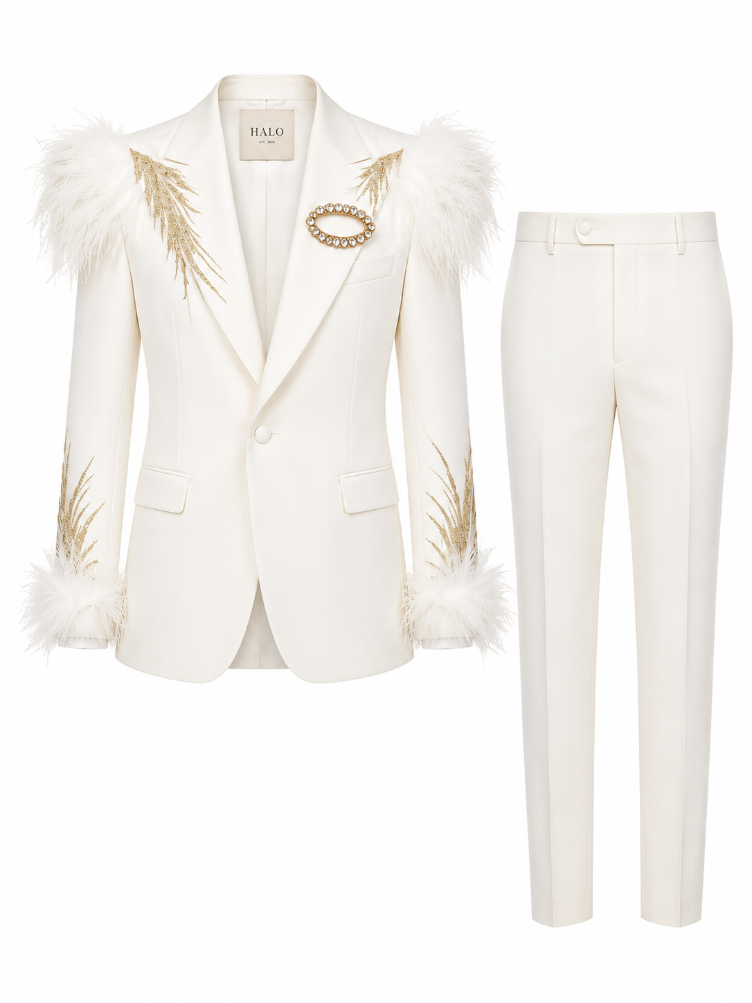 Halo White Feather & Gold Palm Wedding Suit