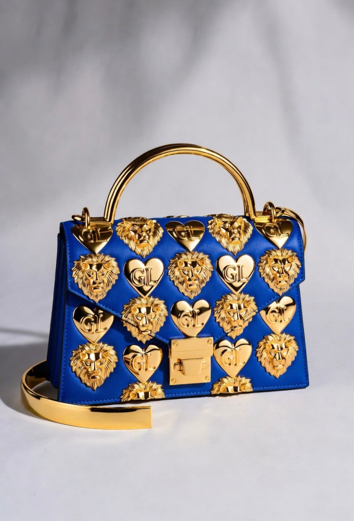 Gold Lion Royal Blue Gold Embellished Top Handle Bag