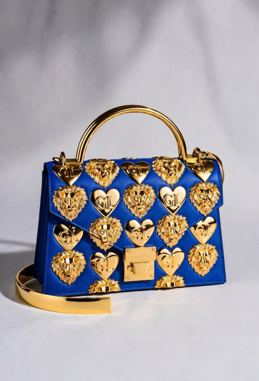 Gold Lion Royal Blue Gold Embellished Top Handle Bag
