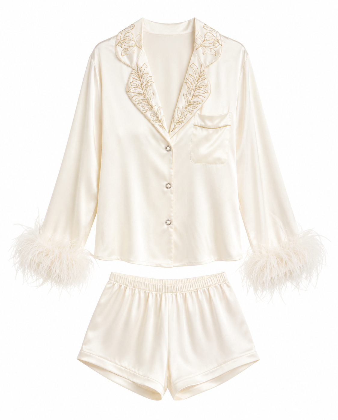 Ivory Feather Silk Pajama Set