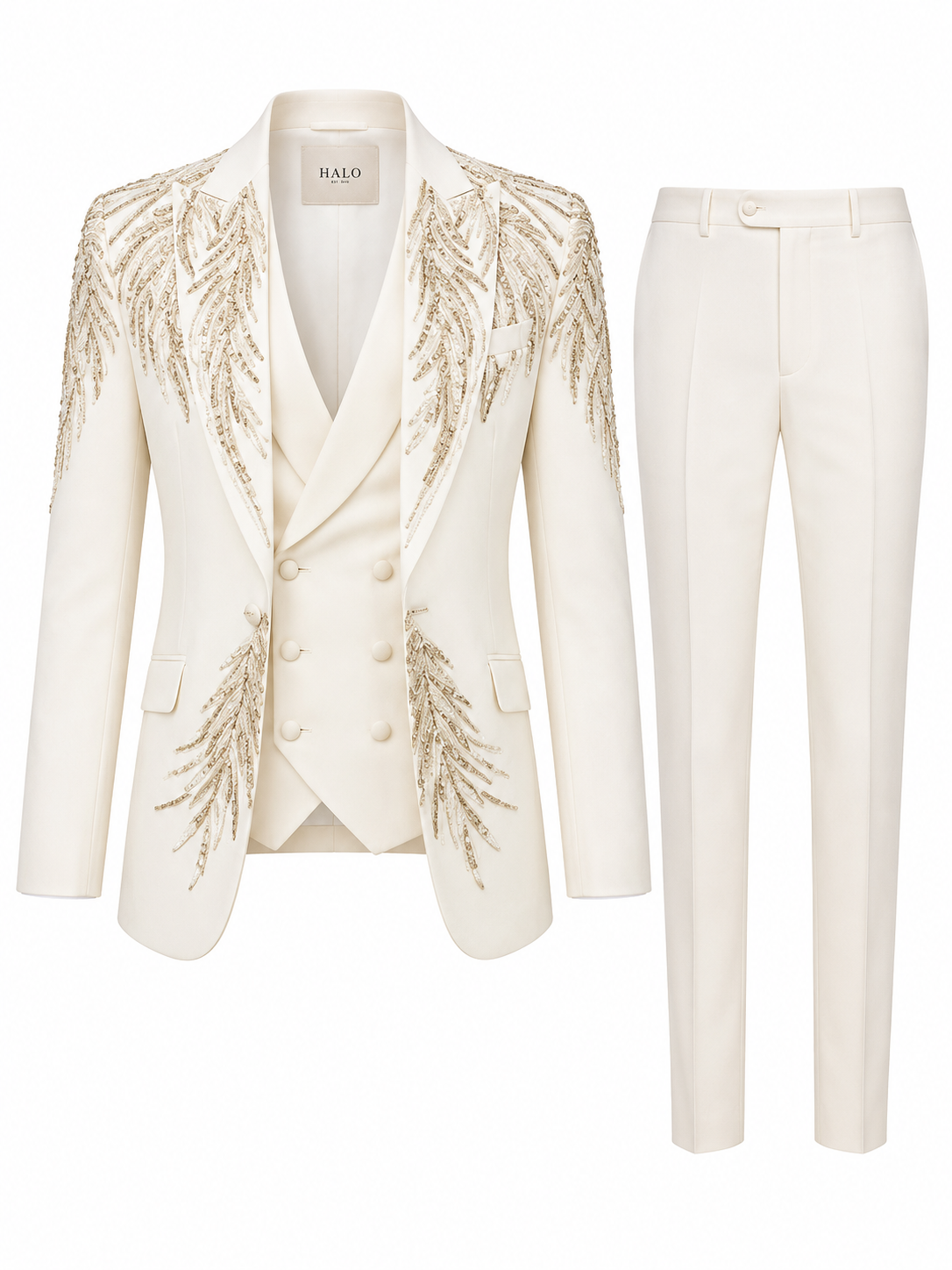 Halo Ivory Sequin Palm Three-Piece Wedding Suit