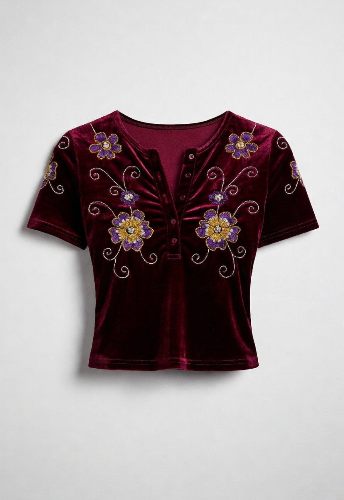 Glitter¿ Floral Embroidered Velvet Top – Burgundy