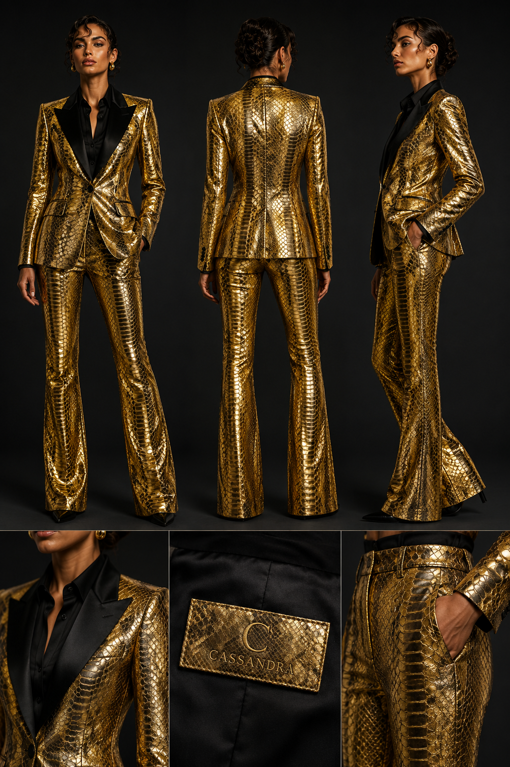 Cassandra Metallic Snake-Print Tuxedo and Pants (Gold)