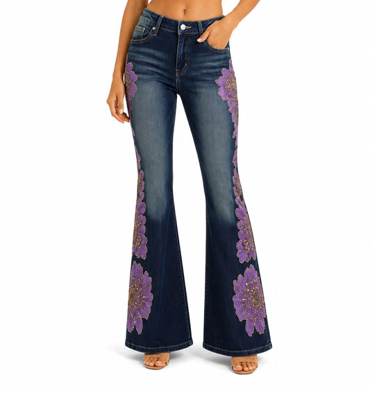 Glitter¿ Floral Embroidered Flare Jeans – Indigo Blue