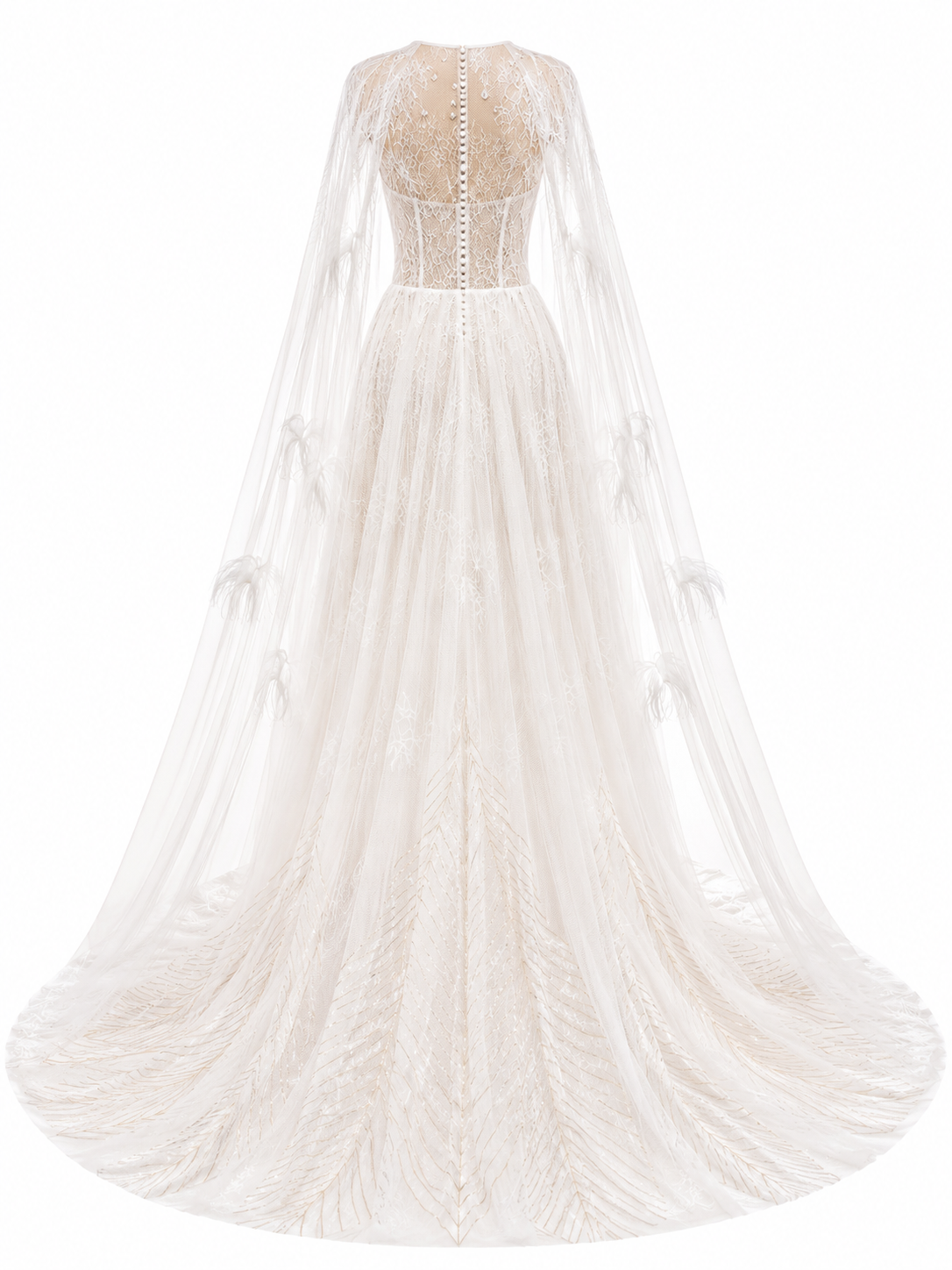 Ethereal Feather & Pearl Wedding Gown with Cape