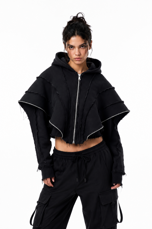 Paradox Shredded Multi-Zip Cropped Hoodie