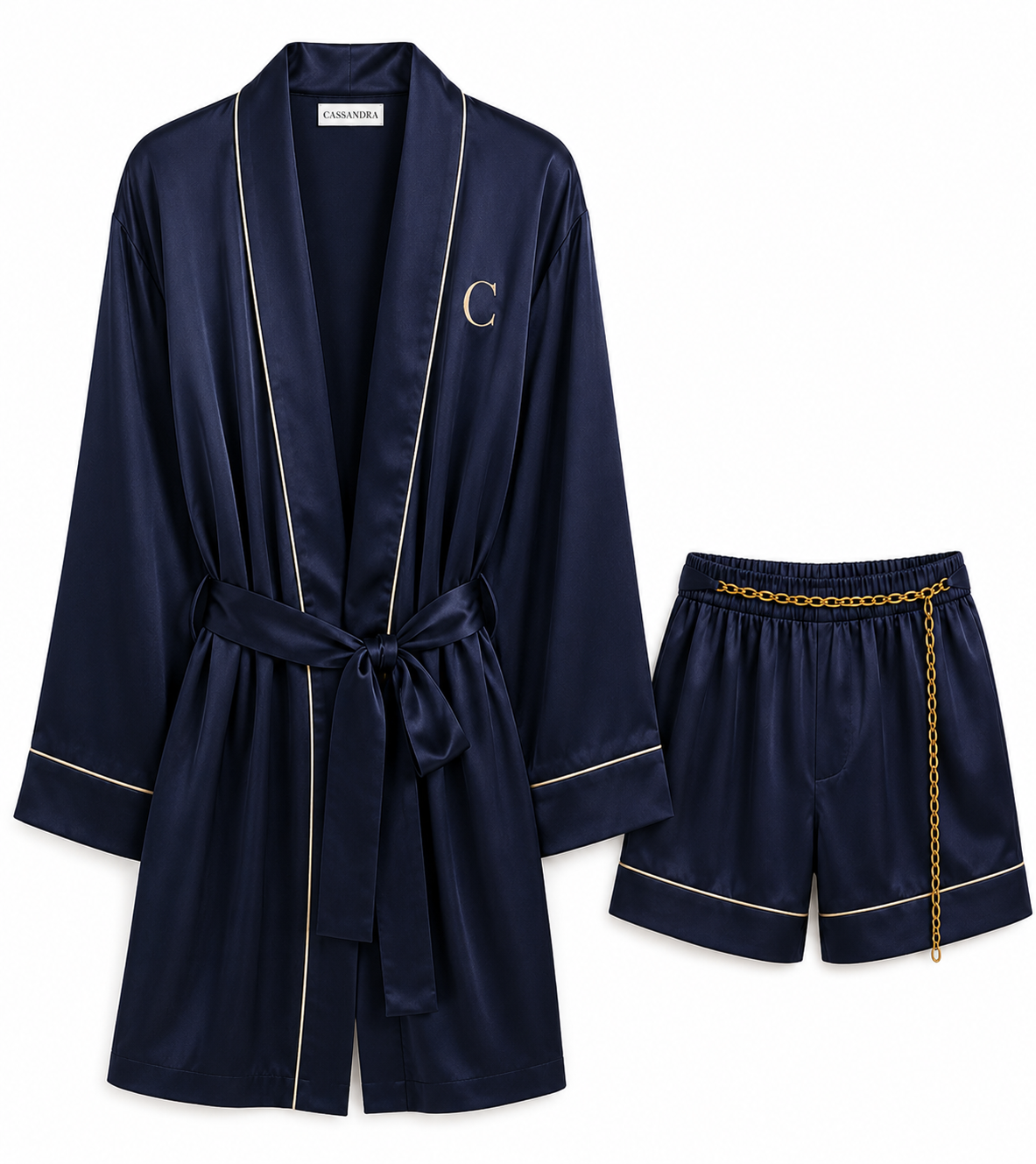 CASSANDRA MONOGRAMMED SILK LOUNGE SET IN MIDNIGHT BLUE