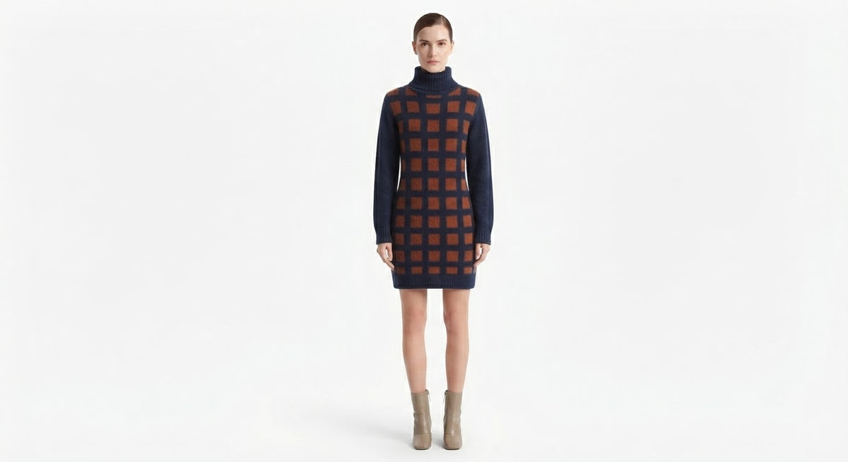 Shadow – Geometric Knit Turtleneck Mini Dress in Navy & Rust