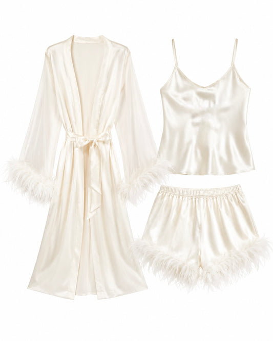 Halo Feather Satin Lingerie Set