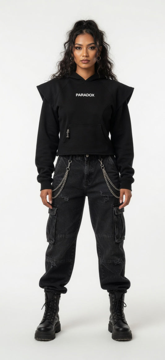 Paradox Black Cropped Hoodie with Structured Shoulders