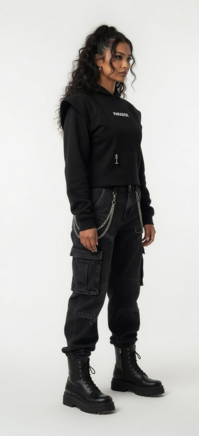 Paradox Black Cropped Hoodie with Structured Shoulders