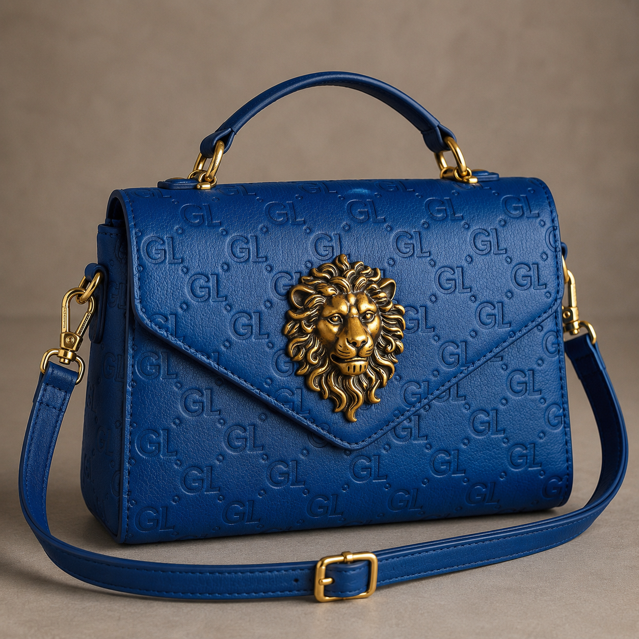 Gold Lion GL Lioness Blue Monogram Crossbody Bag