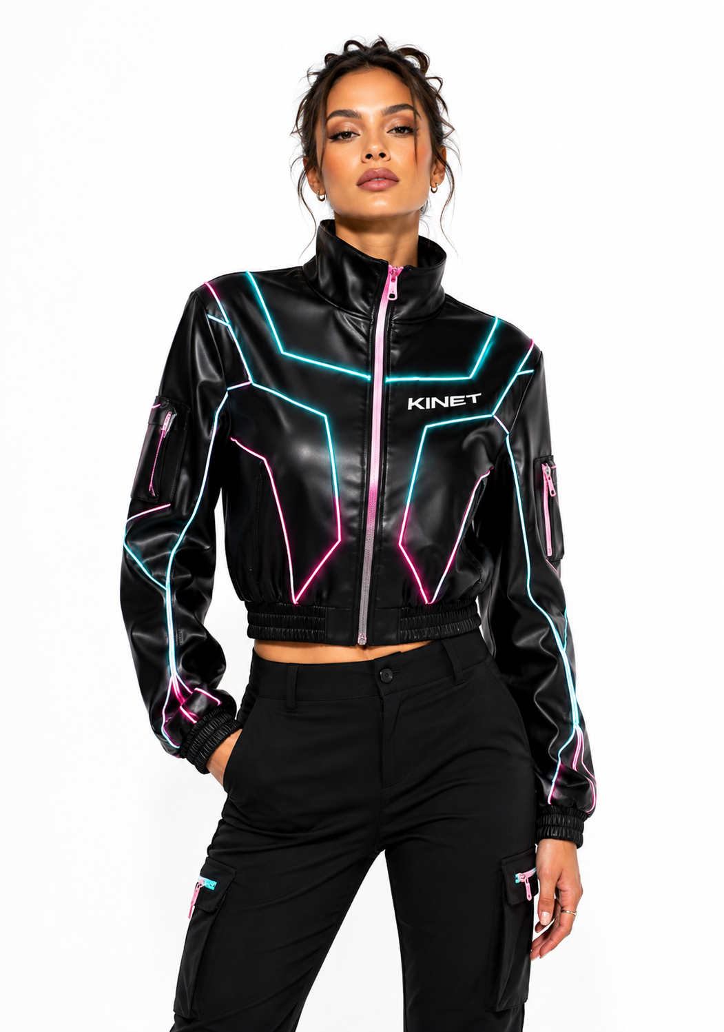 KINET Cyber-Glow Cropped Faux-Leather Bomber Jacket