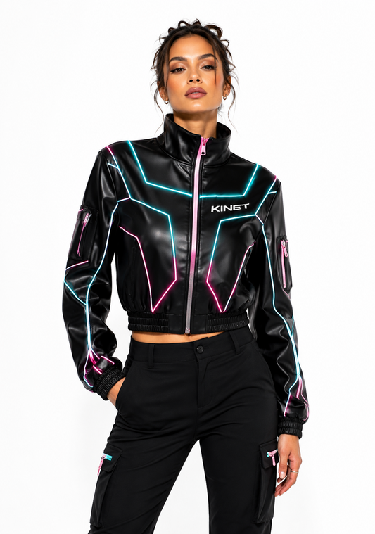 KINET Cyber-Glow Cropped Faux-Leather Bomber Jacket