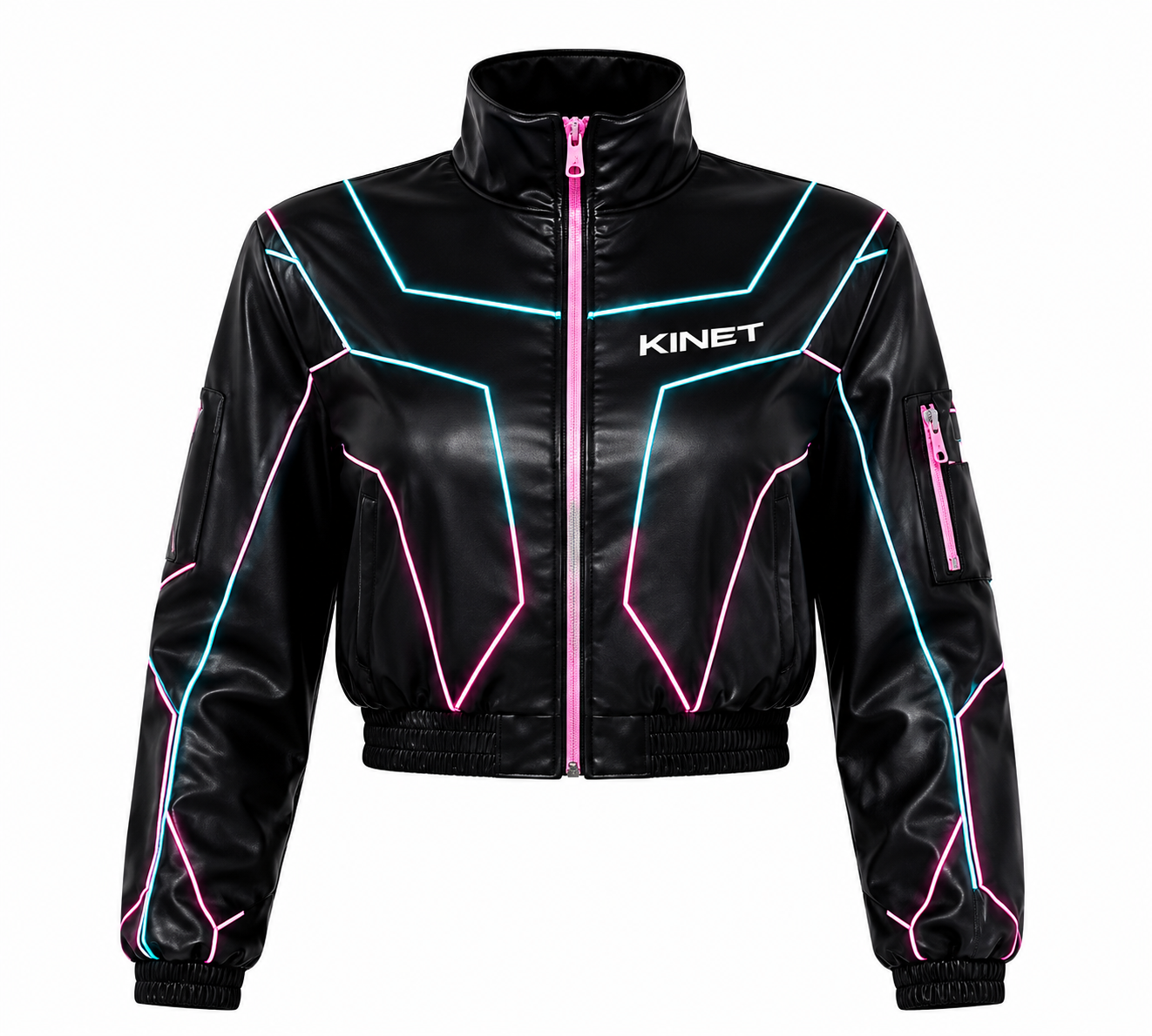 KINET Cyber-Glow Cropped Faux-Leather Bomber Jacket