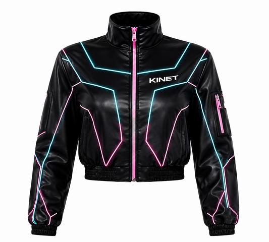 KINET Cyber-Glow Cropped Faux-Leather Bomber Jacket