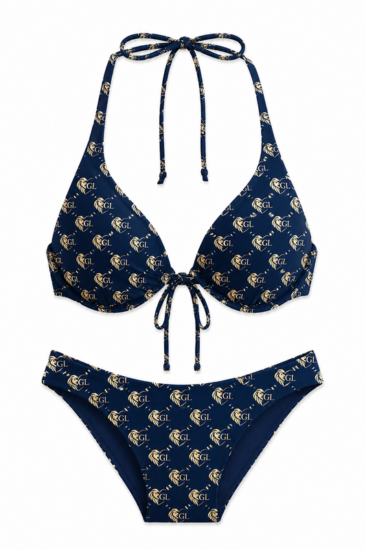 Gold Lion Monogram Navy Triangle Bikini Set
