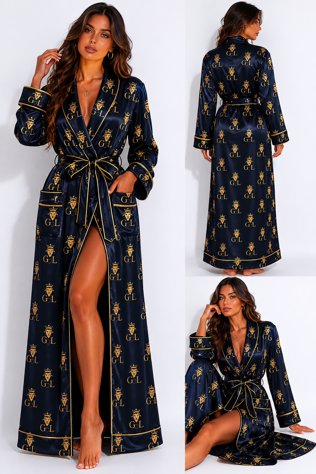 Gold Lion Midnight Monogram Silk Robe